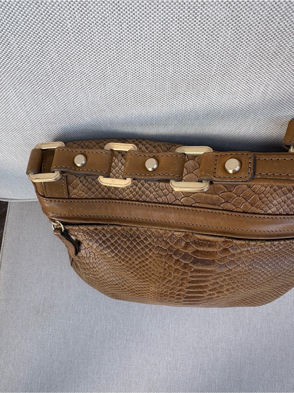 Longchamp Tan Embossed Leather Shoulder Bag with Chain Strap - Picture 7 of 10